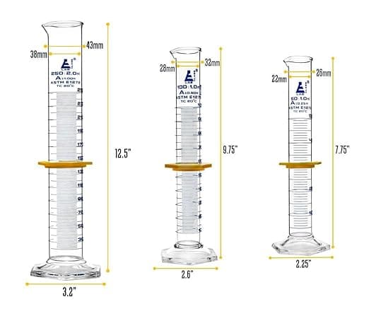 EISCO Premium Graduated Cylinder Set - 50mL, 100mL & 250mL - ASTM, Class A - Protective Collars, Hexagonal Base - Blue Graduations - Borosilicate 3.3 Glass