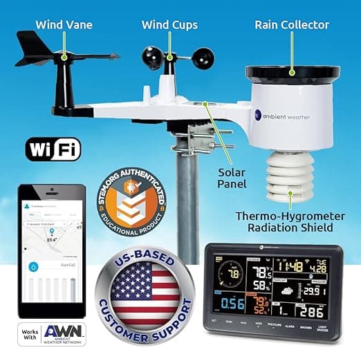 Ambient Weather WS-2902 Wi-Fi Smart Weather Station with Alerts, Indoor Monitoring, and Wireless Outdoor Sensor Array and Rain Gauge