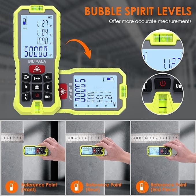 Laser Distance Measuring Tool, 50M/165ft Laser Measure, ±2mm Accuracy Laser Distance Meters with Backlit LCD, Measuring Distance, Area, Volume, Pythagorean Mode for Indoor/Outdoor Use(Red Laser)