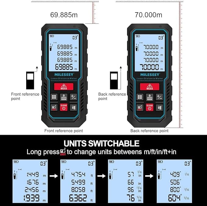 Laser Measure Device, MiLESEEY 229ft Digital Laser Tape Measure with Upgrade Electronic Angle Sensor, 2mm Accuracy, Area Measurement,Volume and Pythagoras, 2 Inch LCD Backlit,Mute, Battery Included