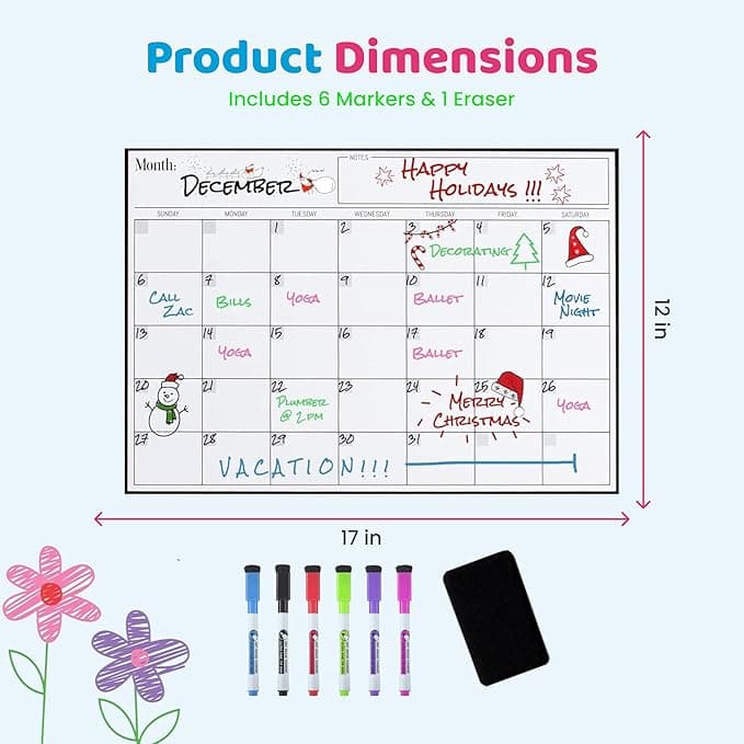 Cinch Magnetic Dry Erase Calendar & Chores Chart for Kids Bundle for Fridge: 2 Boards Included 17x12, 6 Fine Tip Markers & Large Eraser w/Magnets, Chore Chart Magnetic Board for Kids and Adults