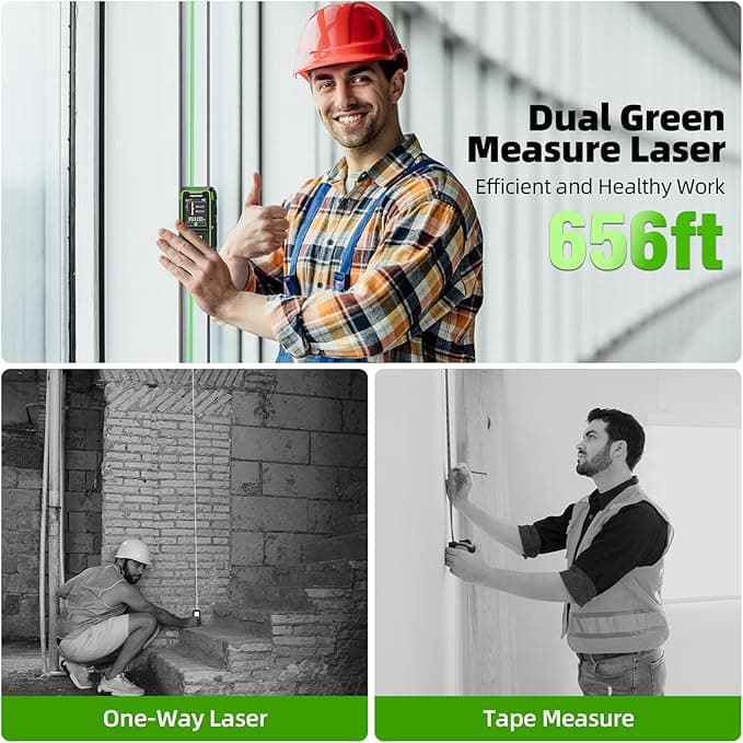 Huepar Dual Laser Measuring Tool, 656Ft Green-Beam Bilateral Digital Laser Distance Measure 6 Units Ft/in/M, Rechargeable Laser Measurement Tool -Backlit LCD Display, Length/Area/Volume/Angle Sensor